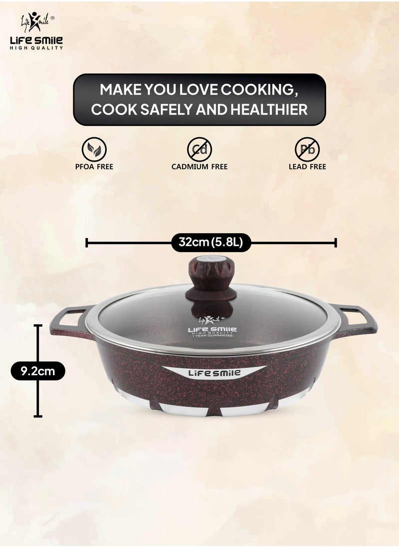 Life Smile LIFE SMILE Shallow Pot with Lid | Multi Layer Non Stick Granite Coating 100% PFOA FREE | Oven Safe Frying Pan | Easy To Clean | Scratch Resistant (32 CM (5.8 Liters), Red)  - Image 3