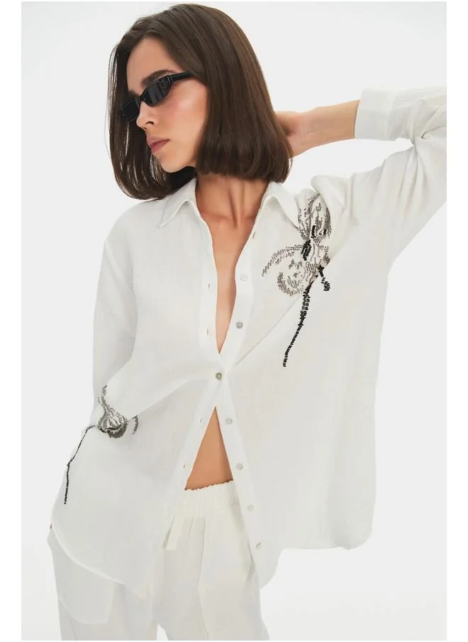 JUNE June Women Exclusive Oversize/Loose Fit Embroidered Detailed Shirt Ecru