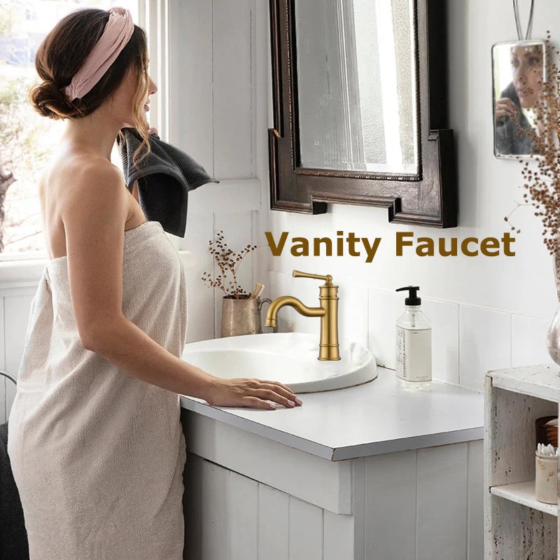 WINKEAR Roman Bathroom Sink Faucet Brushed Gold Single Hole Deck-Mount Pop-Up Drain Assembly With Overflow Deck Plate And Water Supply Lines Included - Image 2