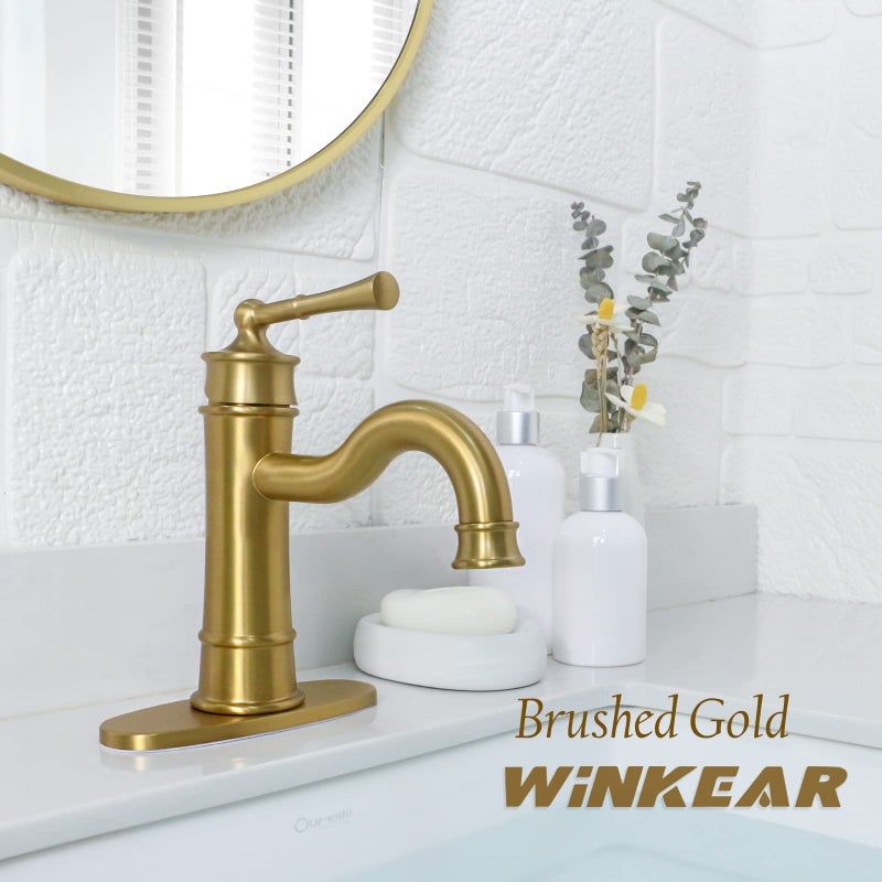 WINKEAR Roman Bathroom Sink Faucet Brushed Gold Single Hole Deck-Mount Pop-Up Drain Assembly With Overflow Deck Plate And Water Supply Lines Included - Image 4