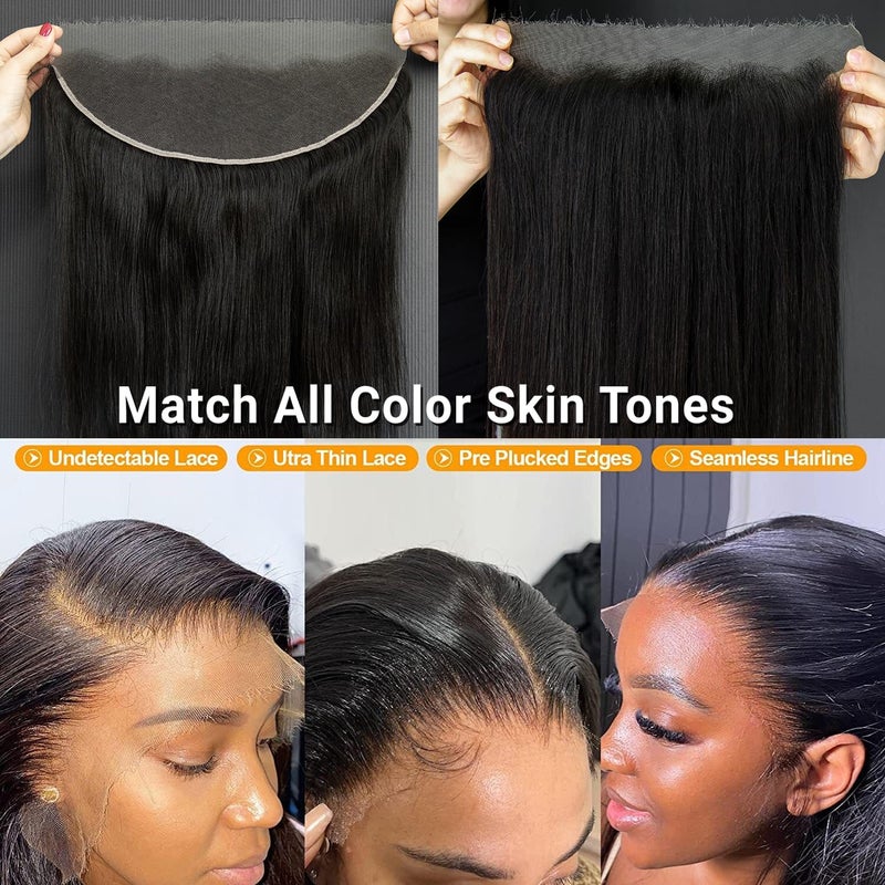 KRN 13x4 HD Lace Frontal, 0.10mm Skinlike Ultra-thin Invisible Frontal HD Lace Pre Plucked with Baby Hair 12A Silk Straight Brazilian Human Hair Extensions Single Knots 12 Inch - Image 2