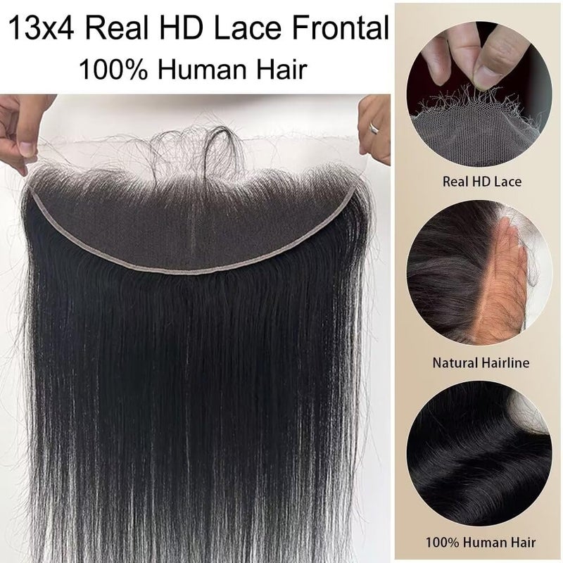 KRN 13x4 HD Lace Frontal, 0.10mm Skinlike Ultra-thin Invisible Frontal HD Lace Pre Plucked with Baby Hair 12A Silk Straight Brazilian Human Hair Extensions Single Knots 12 Inch - Image 3