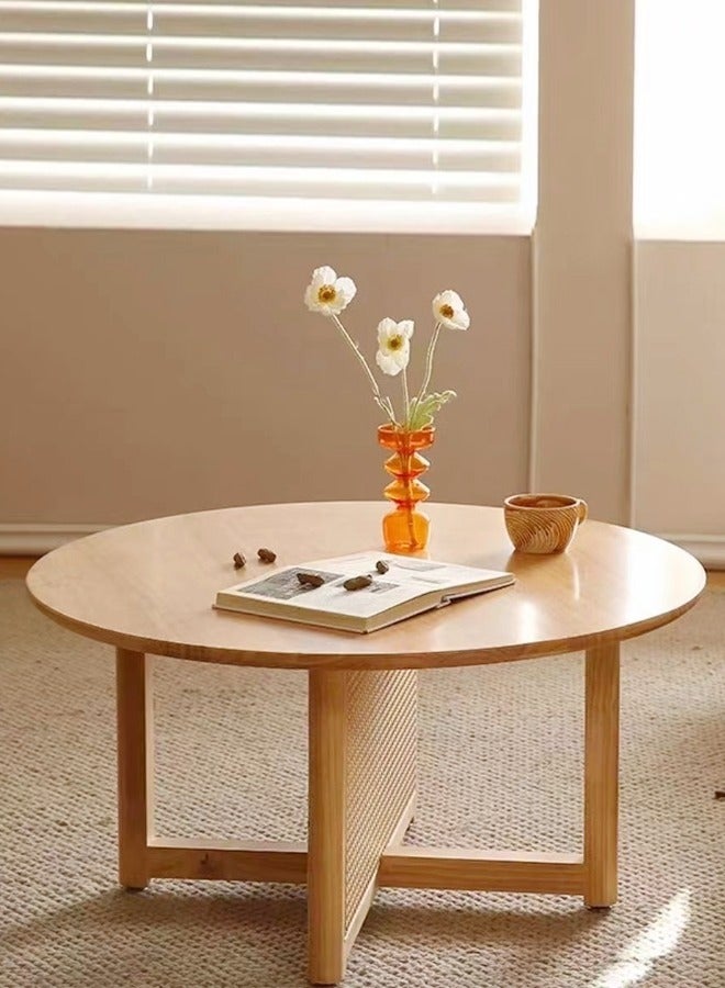 fashionhome Multipurpose Mid Century Design Solid Wood Rattan Coffee Table Round Centre Table for Living Room Home Office 80x40 Cm  - Image 5