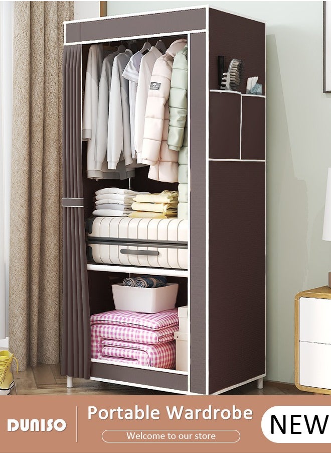 DUNISO Portable Wardrobe, Closet Clothes Storage Organizer with 2 Side Pockets and Dustproof Non-Woven Fabric Cover, Foldable Closet for Clothes, Bags, Toys, Shoes, Living Room, Bedroom  - Image 1