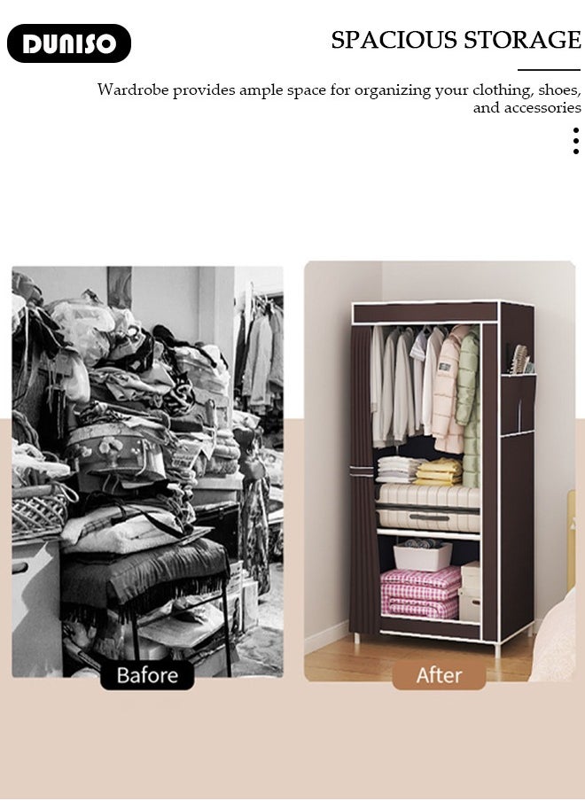DUNISO Portable Wardrobe, Closet Clothes Storage Organizer with 2 Side Pockets and Dustproof Non-Woven Fabric Cover, Foldable Closet for Clothes, Bags, Toys, Shoes, Living Room, Bedroom  - Image 2