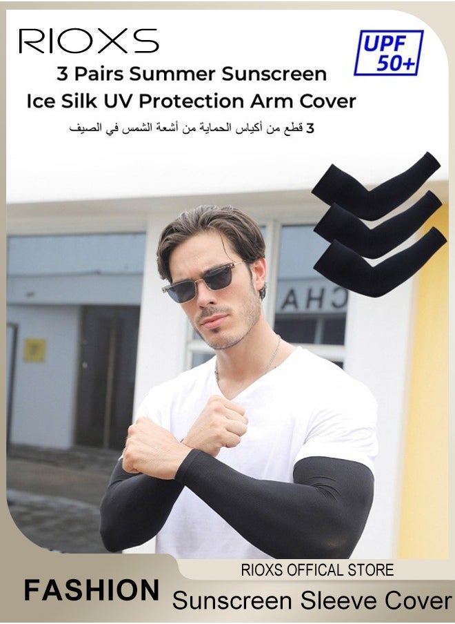 RIOXS 3 Pairs Summer Sunscreen Sleeve Cover Ice Silk UV Protection Arm Cover Cooling Compression Arm Cover for Mens and Womens Sports Gloves Arm Cover Sleeve  - Image 1