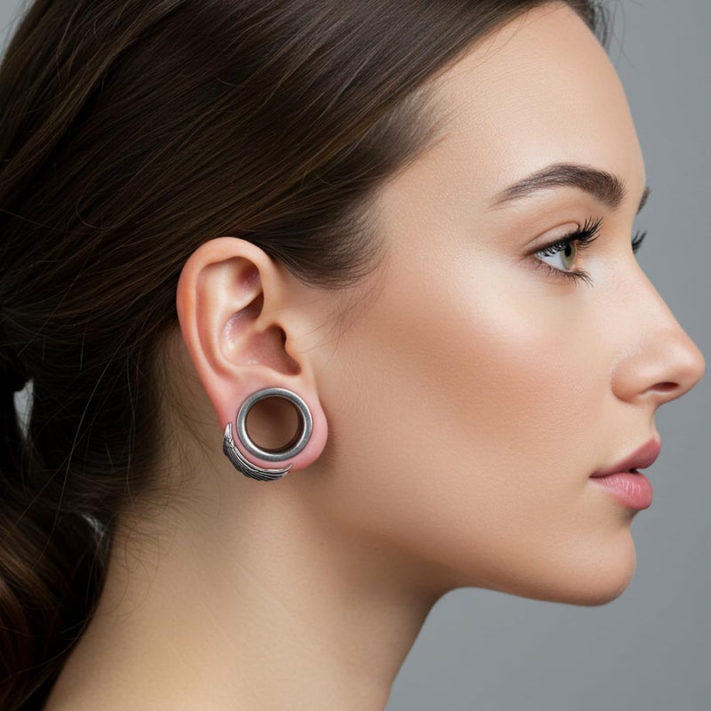ERKUOO Wing Blade Ear Tunnels Plugs Gauges â€“Double Flared Double Flared Expander Jewelry for Stretched Ears, Feathered Wing Design, gothic angel wing feather metal, 2G / 6mm - Image 4