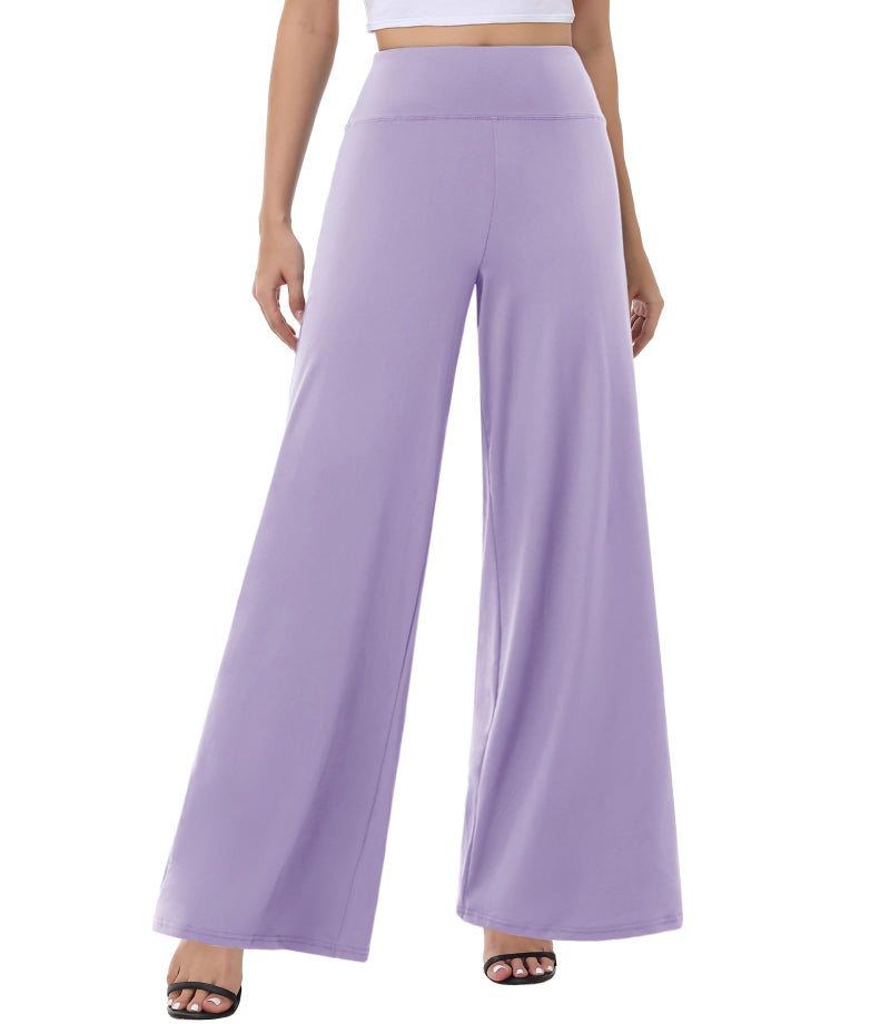 ZOOSIXX Wide Leg Palazzo Pants for Women - High Waist Casual Beach Lounge Loose Dress Stretchy Trousers Light Purple - Image 1