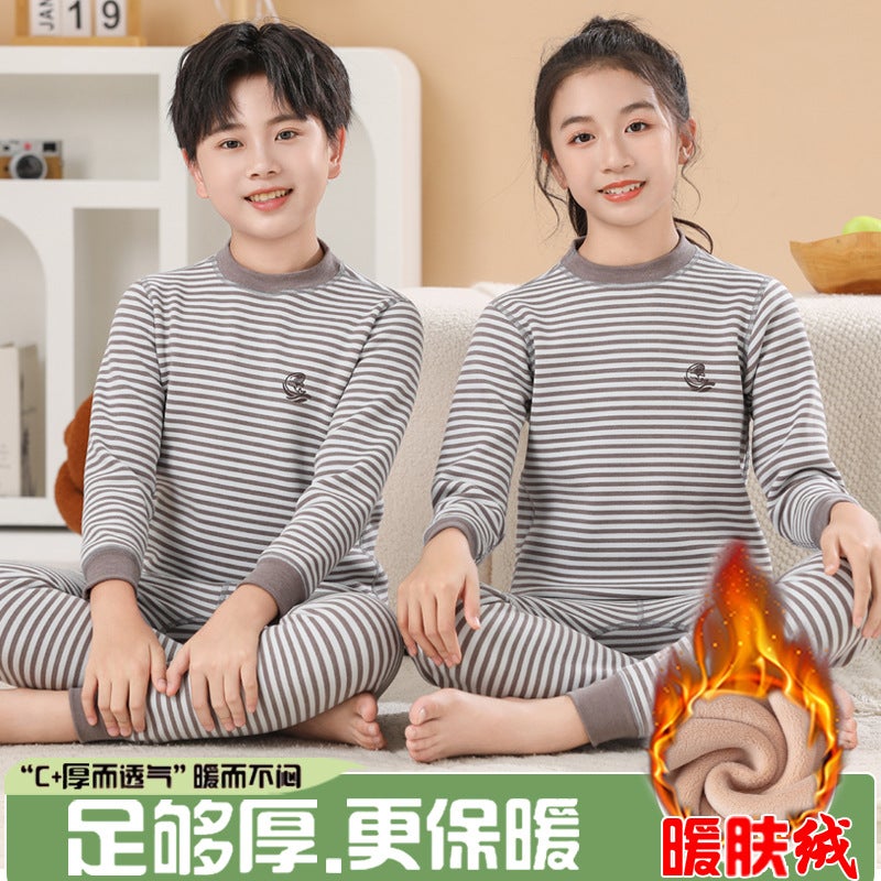 Boys' Thermal Underwear Set With Fleece, Children'S Pajamas, Thickened Girls' Autumn Clothes And Pants, Base Layer Loungewear - Image 1