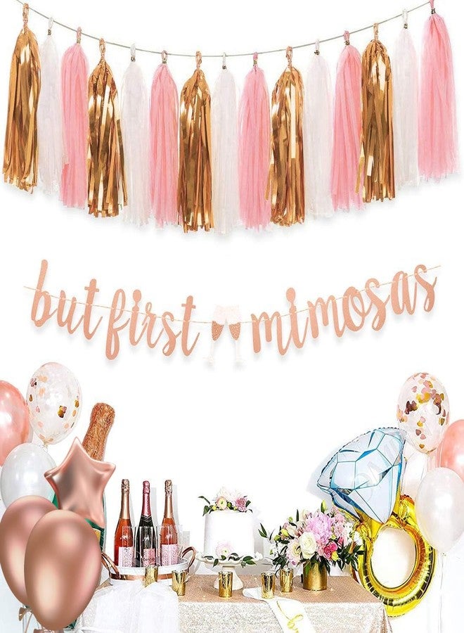 Aonor Rose Gold Mimosa Bar Bridal Shower Decorations Supplies - Glittery But First Mimosas Banner and Tissue Paper Tassels Garland for Wedding Baby Shower Party Bar Sign Decorations - Image 4