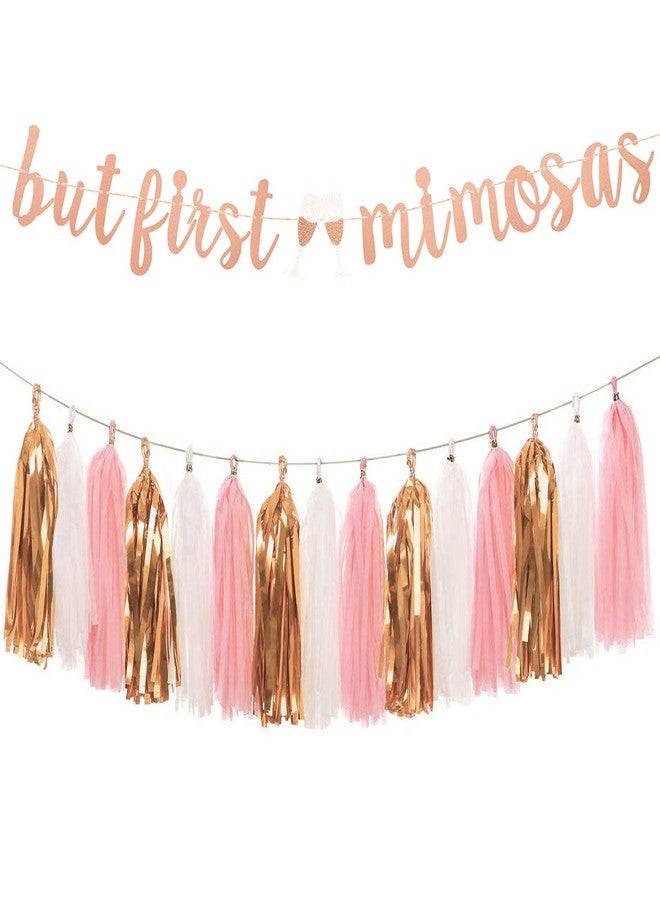 Aonor Rose Gold Mimosa Bar Bridal Shower Decorations Supplies - Glittery But First Mimosas Banner and Tissue Paper Tassels Garland for Wedding Baby Shower Party Bar Sign Decorations - Image 1