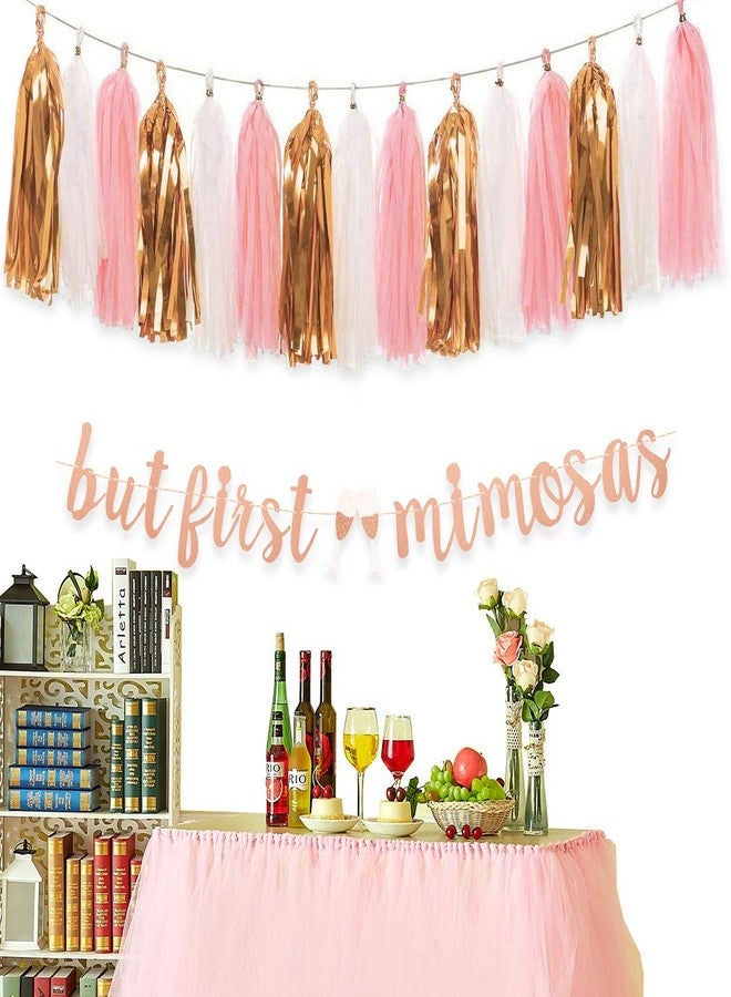 Aonor Rose Gold Mimosa Bar Bridal Shower Decorations Supplies - Glittery But First Mimosas Banner and Tissue Paper Tassels Garland for Wedding Baby Shower Party Bar Sign Decorations - Image 3