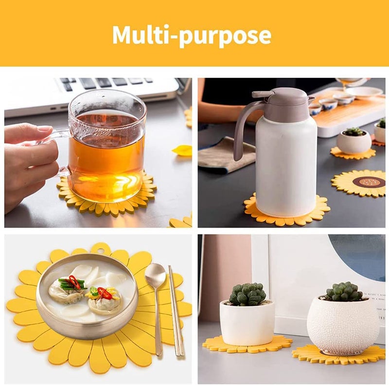P Plus Fire Silicone Coasters & Hot Pads Hot Drink Coasters Coffee Coasters Flower Trivet Flexible Silicone Pot Holders Hot Pads Anti-Slip (Big+Small, Set of 2, Yellow) - Image 5