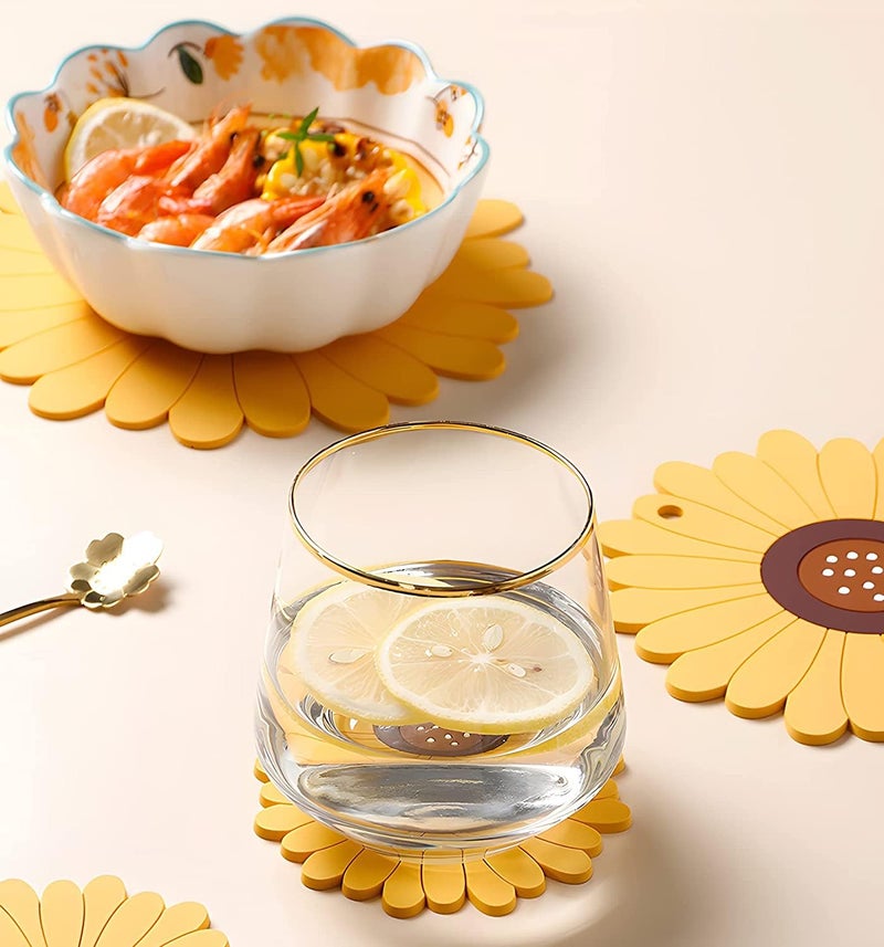 P Plus Fire Silicone Coasters & Hot Pads Hot Drink Coasters Coffee Coasters Flower Trivet Flexible Silicone Pot Holders Hot Pads Anti-Slip (Big+Small, Set of 2, Yellow) - Image 4