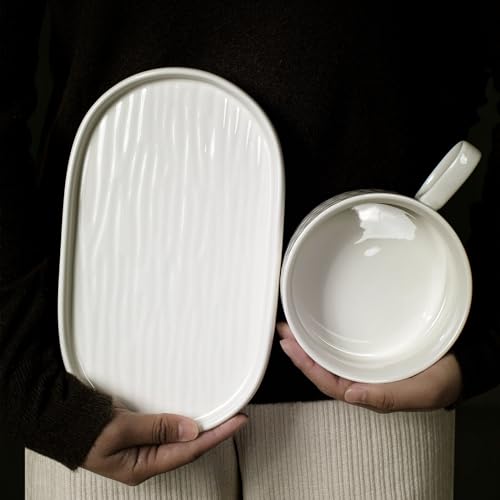 Wareland Soup Bowl with Handle & Salad Plate, Soup and Sandwich Plate Combo, 18oz Soup Mug/Cup for Cereal, Ceramic Pasta Plate for Appetizer, Dessert, Rice, Dishwasher & Microwave Safe, Cream White - Image 5