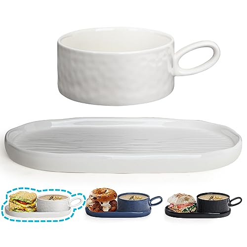 Wareland Soup Bowl with Handle & Salad Plate, Soup and Sandwich Plate Combo, 18oz Soup Mug/Cup for Cereal, Ceramic Pasta Plate for Appetizer, Dessert, Rice, Dishwasher & Microwave Safe, Cream White - Image 1