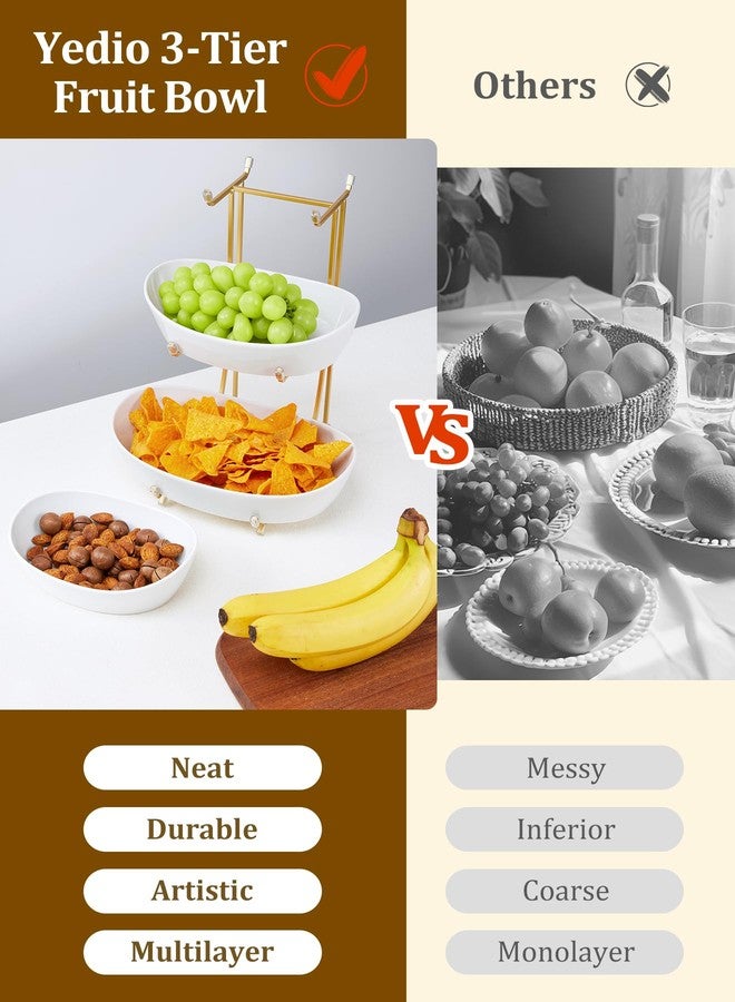 Yedio Fruit Bowls for Kitchen Counter, No Assembly Required, 3 Tier Porcelain Serving Bowls with Metal Stand, Tiered Fruit Basket for Fruit Vegetable Storage, Snack, Nuts, Cake, Dessert - Image 3
