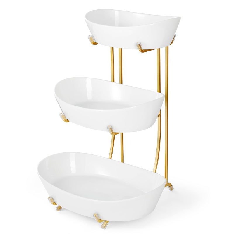 Yedio Fruit Bowls for Kitchen Counter, No Assembly Required, 3 Tier Porcelain Serving Bowls with Metal Stand, Tiered Fruit Basket for Fruit Vegetable Storage, Snack, Nuts, Cake, Dessert - Image 1