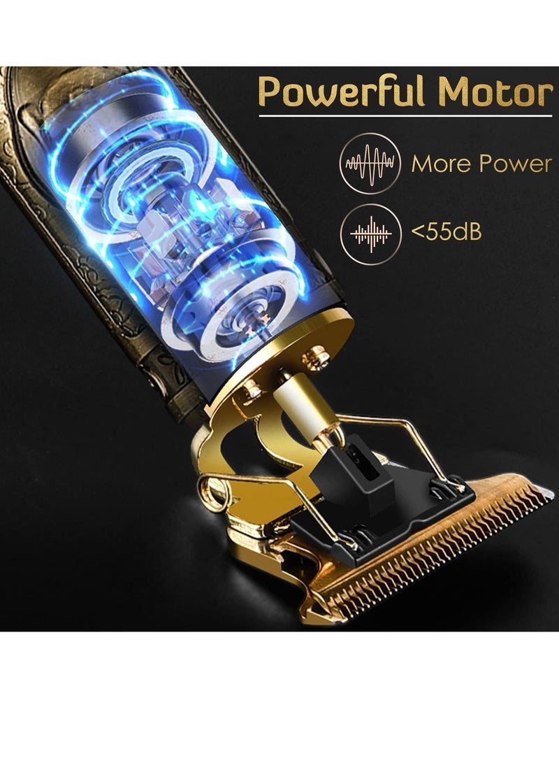 مقصات شعر للرجال، ماكينة حلاقة احترافية بشفرة T، ماكينة حلاقة بدون فراغ، ماكينة حلاقة لحية قابلة لإعادة الشحن مع مجموعة قص الشعر مع مشط توجيه بتصميم ذهبي عتيق - Image 4