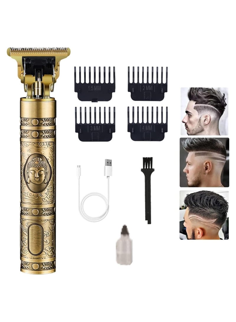 مقصات شعر للرجال، ماكينة حلاقة احترافية بشفرة T، ماكينة حلاقة بدون فراغ، ماكينة حلاقة لحية قابلة لإعادة الشحن مع مجموعة قص الشعر مع مشط توجيه بتصميم ذهبي عتيق - Image 1