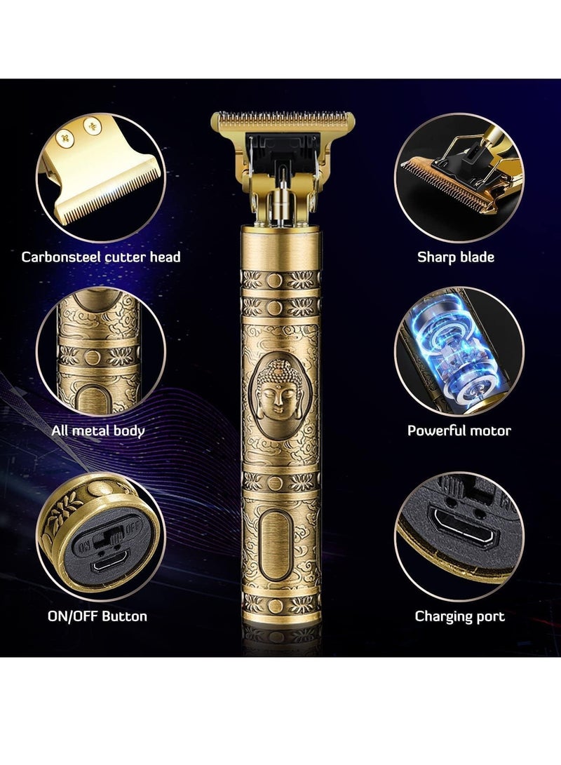 مقصات شعر للرجال، ماكينة حلاقة احترافية بشفرة T، ماكينة حلاقة بدون فراغ، ماكينة حلاقة لحية قابلة لإعادة الشحن مع مجموعة قص الشعر مع مشط توجيه بتصميم ذهبي عتيق - Image 5