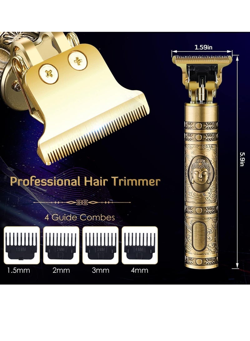 مقصات شعر للرجال، ماكينة حلاقة احترافية بشفرة T، ماكينة حلاقة بدون فراغ، ماكينة حلاقة لحية قابلة لإعادة الشحن مع مجموعة قص الشعر مع مشط توجيه بتصميم ذهبي عتيق - Image 3