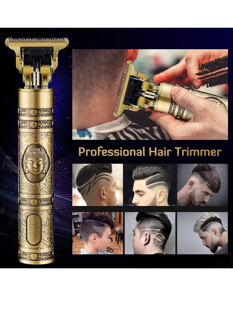 مقصات شعر للرجال، ماكينة حلاقة احترافية بشفرة T، ماكينة حلاقة بدون فراغ، ماكينة حلاقة لحية قابلة لإعادة الشحن مع مجموعة قص الشعر مع مشط توجيه بتصميم ذهبي عتيق - Image 2