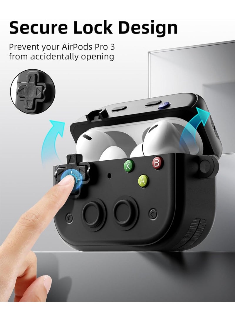 X-level Case for AirPods Pro 3 (2025) with Secure Lock Clip, Hard Shell Game Console Design Shockproof Protective Cover for Apple AirPod Pro 3rd Generation with Cleaner Kit & Keychain, Black - Image 3