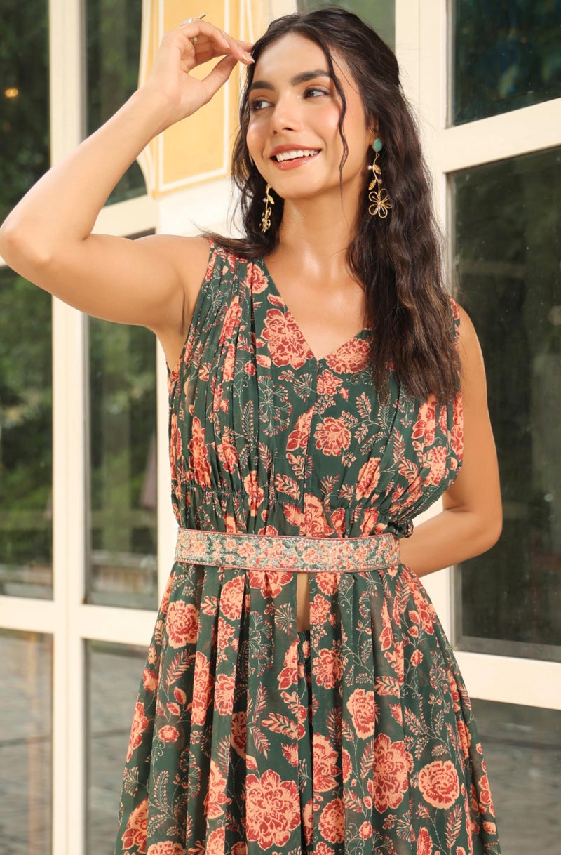 Janasya Women Green Georgette Kurta with Palazzo & Dupatta with Floral Print Outfit for Women - Image 2