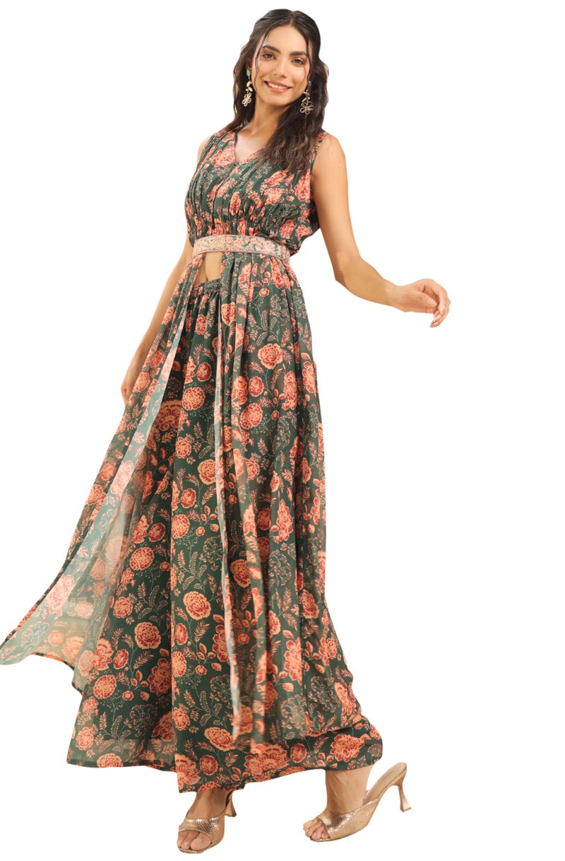 Janasya Women Green Georgette Kurta with Palazzo & Dupatta with Floral Print Outfit for Women - Image 1