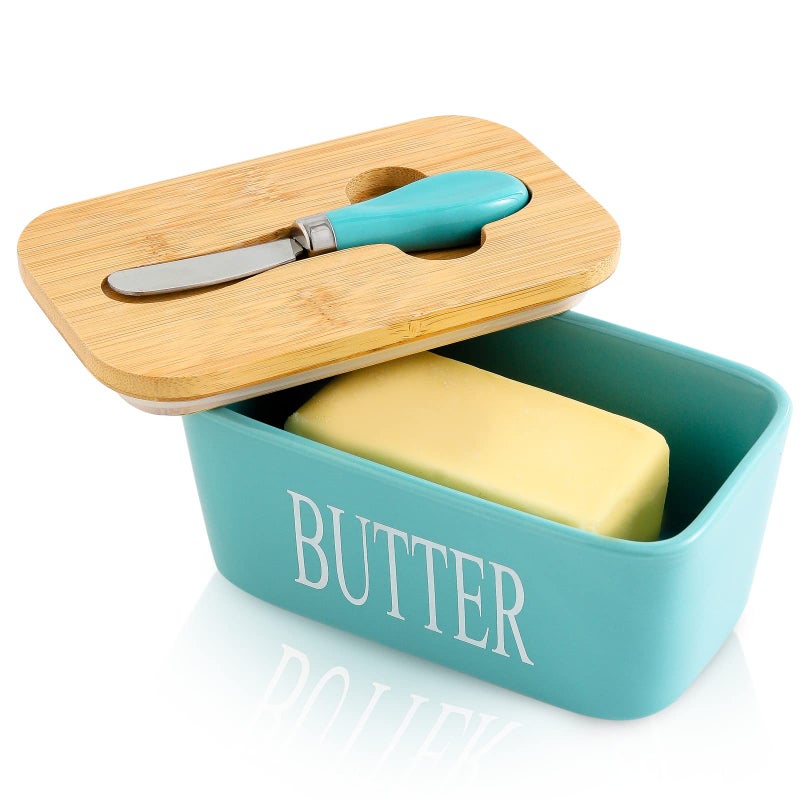 Hasense Porcelain Butter Dish with Lid for Countertop Large Ceramic Butter Dish with Knife Airtight Butter Keeper Container with Cover Perfect for East West Coast Butter Turquoise