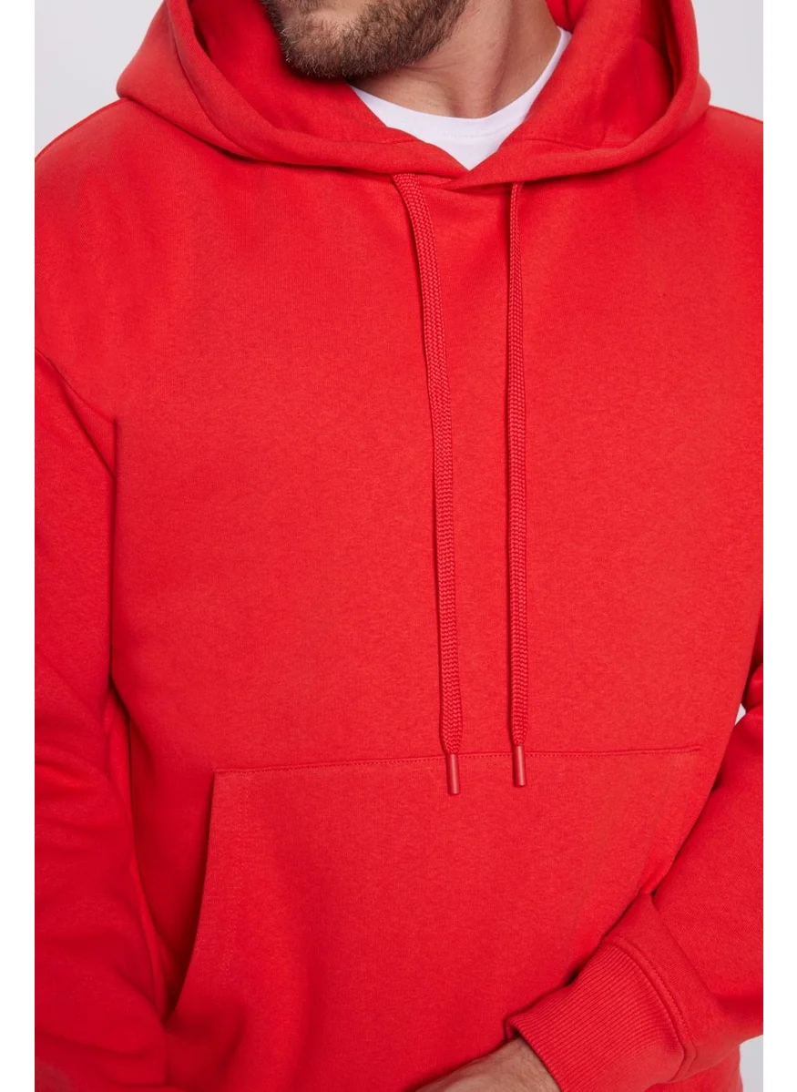 Tudors Oversize Wide Cut Cotton Soft Textured Polar Fleece Basic Pomegranate Color Hooded Sweatshirt