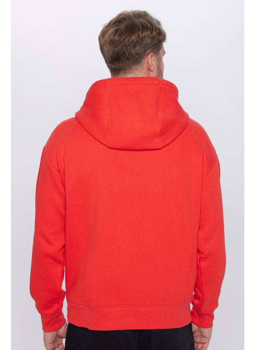 Tudors Oversize Wide Cut Cotton Soft Textured Polar Fleece Basic Pomegranate Color Hooded Sweatshirt