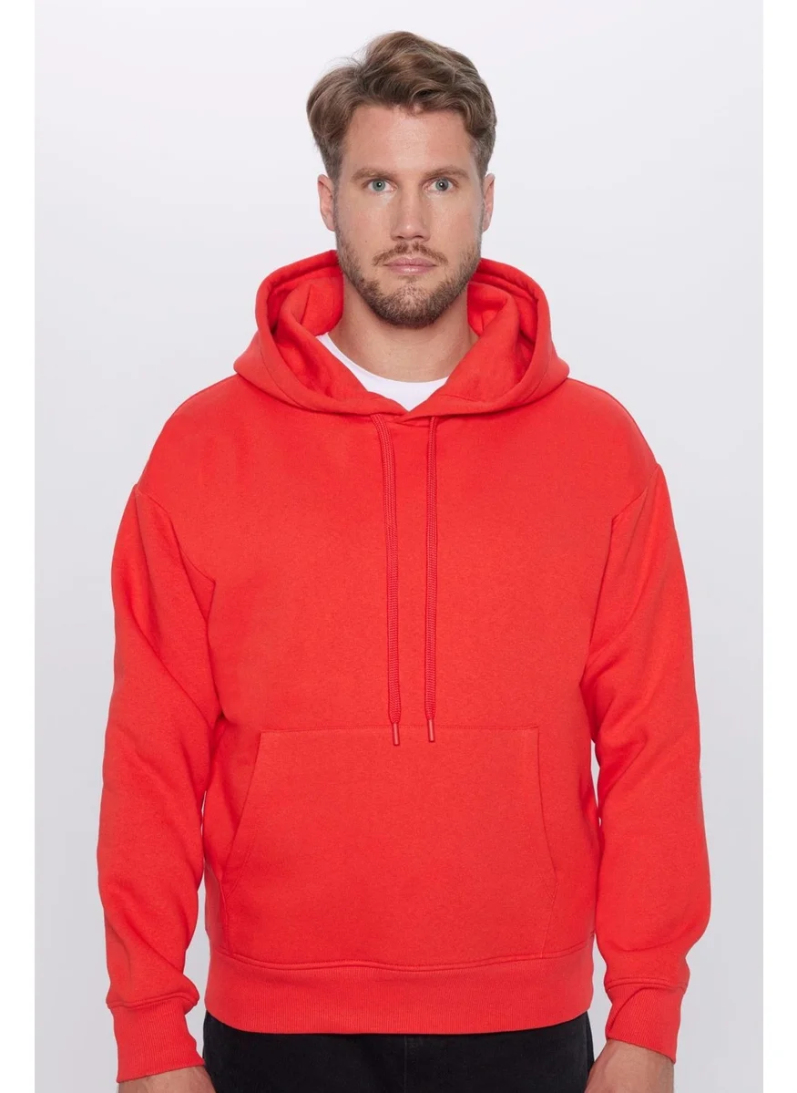 Tudors Oversize Wide Cut Cotton Soft Textured Polar Fleece Basic Pomegranate Color Hooded Sweatshirt