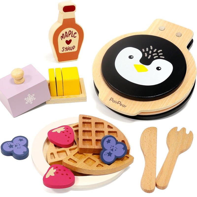 PairPear Wooden Waffle Maker Toy Food Playset Kids Pretend Play Food Kitchen Accessories Wooden Cooking Toy Baking Playset Toddler Play Breakfast Brunch Tea Sets Cutting Food Gift for Girls Boys 3 - Image 3