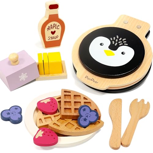 PairPear Wooden Waffle Maker Toy Food Playset Kids Pretend Play Food Kitchen Accessories Wooden Cooking Toy Baking Playset Toddler Play Breakfast Brunch Tea Sets Cutting Food Gift for Girls Boys 3 - Image 1