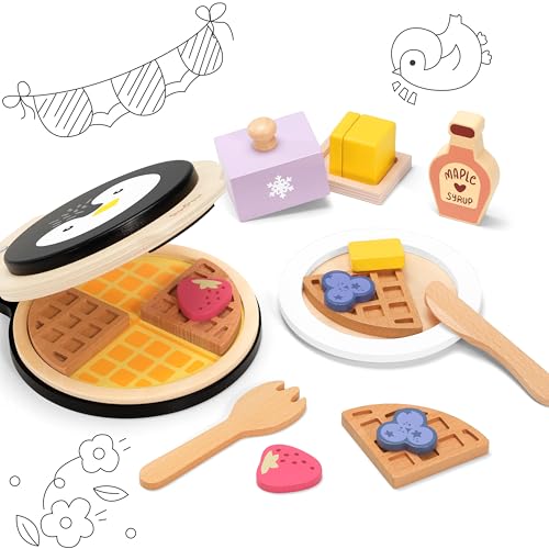 PairPear Wooden Waffle Maker Toy Food Playset Kids Pretend Play Food Kitchen Accessories Wooden Cooking Toy Baking Playset Toddler Play Breakfast Brunch Tea Sets Cutting Food Gift for Girls Boys 3 - Image 5