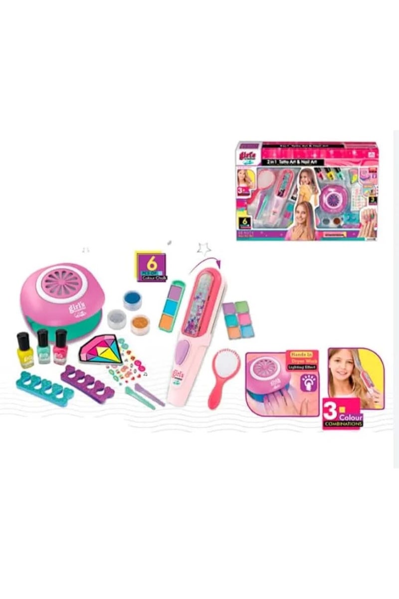 2-in-1 Girls Tattoo Art & Nail Art Set – DIY Beauty Kit with Nail Dryer, Polish, Chalks, and Accessories – Fun Makeup & Fashion Toy for Kids Age 3+