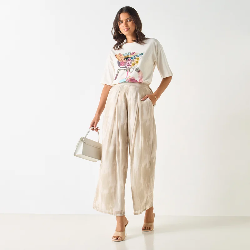 Iconic  Iconic All-Over Print Wide Leg Pants with Semi-Elasticated Waistband for Women | Best Price UAE