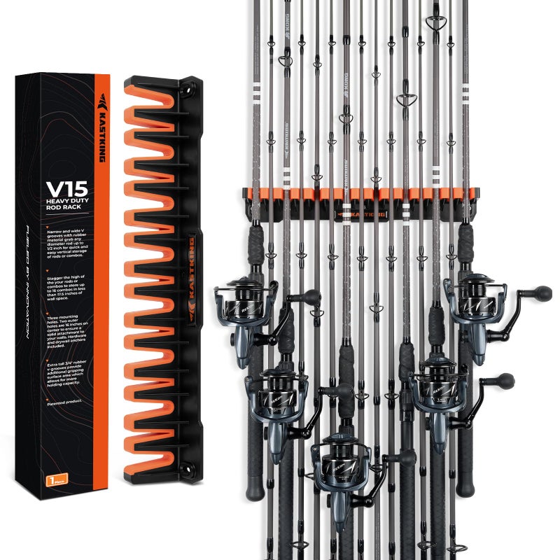 Kastking KastKing V15HD Heavy Duty Vertical Fishing Rod Holder  Wall Mounted Fishing Rod Rack Store 15 Large Rods or Fishing Rod Combos in 18 Inches Great Fishing Pole Holder and Rack 1 Pack