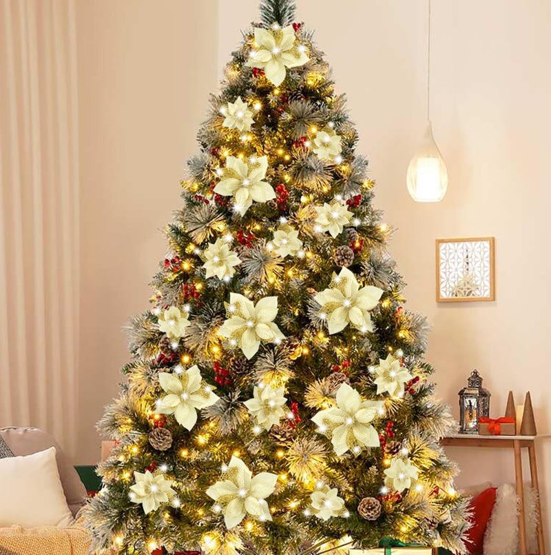 Geefuun 28PCS Christmas Tree Decorations Poinsettias Artificial Flowers Ornaments Xmas Gold Glitter Flower with Clips