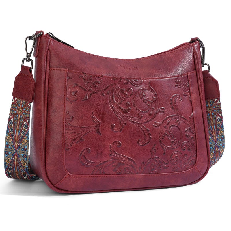 VIMUTI Crossbody Bags for Women,Vegan Leather Crossbody Purse with Adjustable Strap Embossed Flower Women's Shoulder Handbags (08-Red) - Image 1
