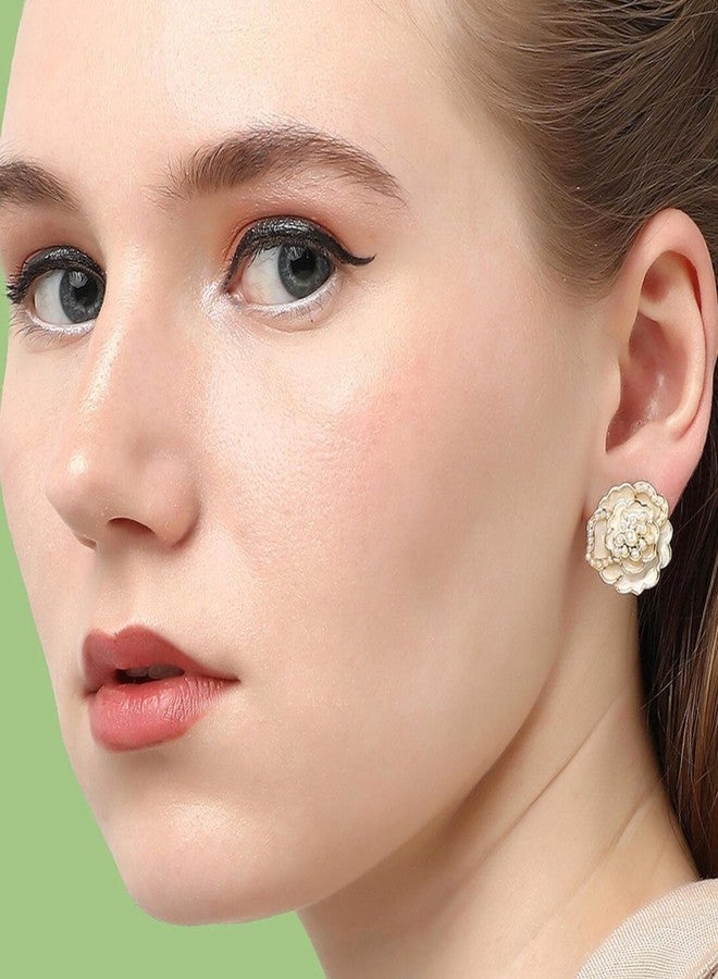 Salve Dainty Beaded White Rose Oversized Stud Earrings for Women Stylish | Vintage Korean Earrings for Girls Stylish | Aesthetic Jewellery Ear Tops for Women | Beach Accessories, Gift for Girlfriend - Image 3