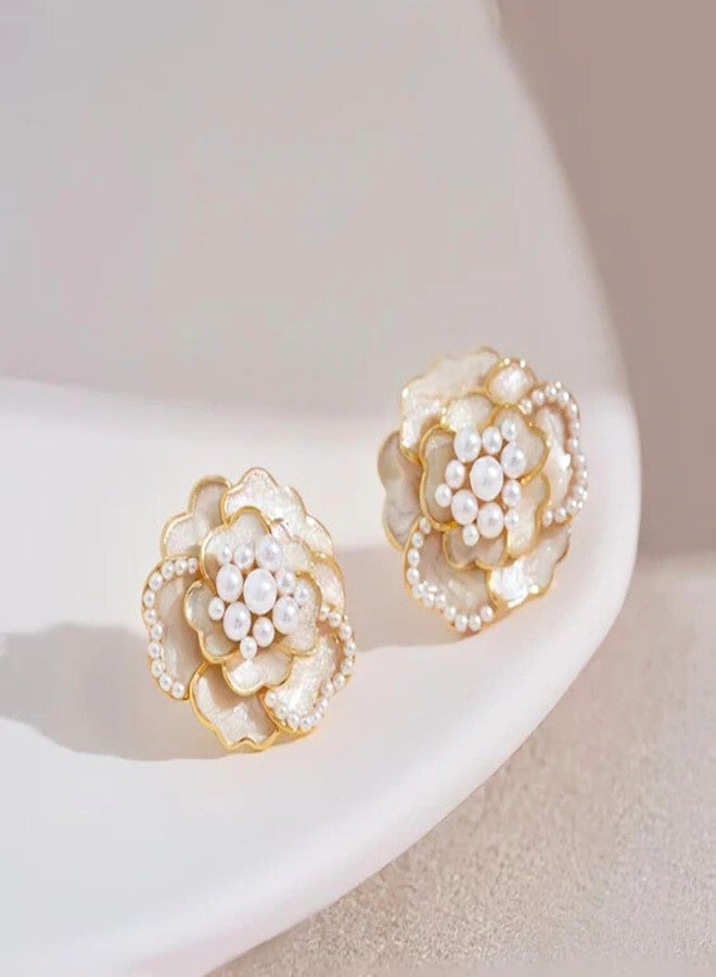 Salve Dainty Beaded White Rose Oversized Stud Earrings for Women Stylish | Vintage Korean Earrings for Girls Stylish | Aesthetic Jewellery Ear Tops for Women | Beach Accessories, Gift for Girlfriend - Image 2