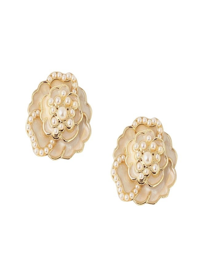 Salve Dainty Beaded White Rose Oversized Stud Earrings for Women Stylish | Vintage Korean Earrings for Girls Stylish | Aesthetic Jewellery Ear Tops for Women | Beach Accessories, Gift for Girlfriend - Image 1