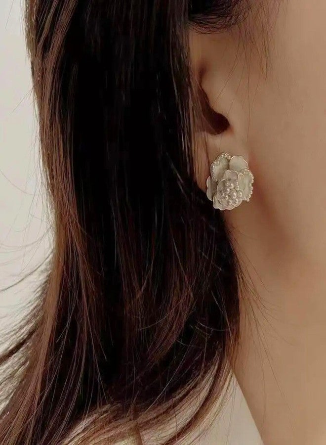 Salve Dainty Beaded White Rose Oversized Stud Earrings for Women Stylish | Vintage Korean Earrings for Girls Stylish | Aesthetic Jewellery Ear Tops for Women | Beach Accessories, Gift for Girlfriend - Image 5