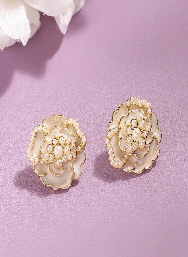 Salve Dainty Beaded White Rose Oversized Stud Earrings for Women Stylish | Vintage Korean Earrings for Girls Stylish | Aesthetic Jewellery Ear Tops for Women | Beach Accessories, Gift for Girlfriend - Image 4