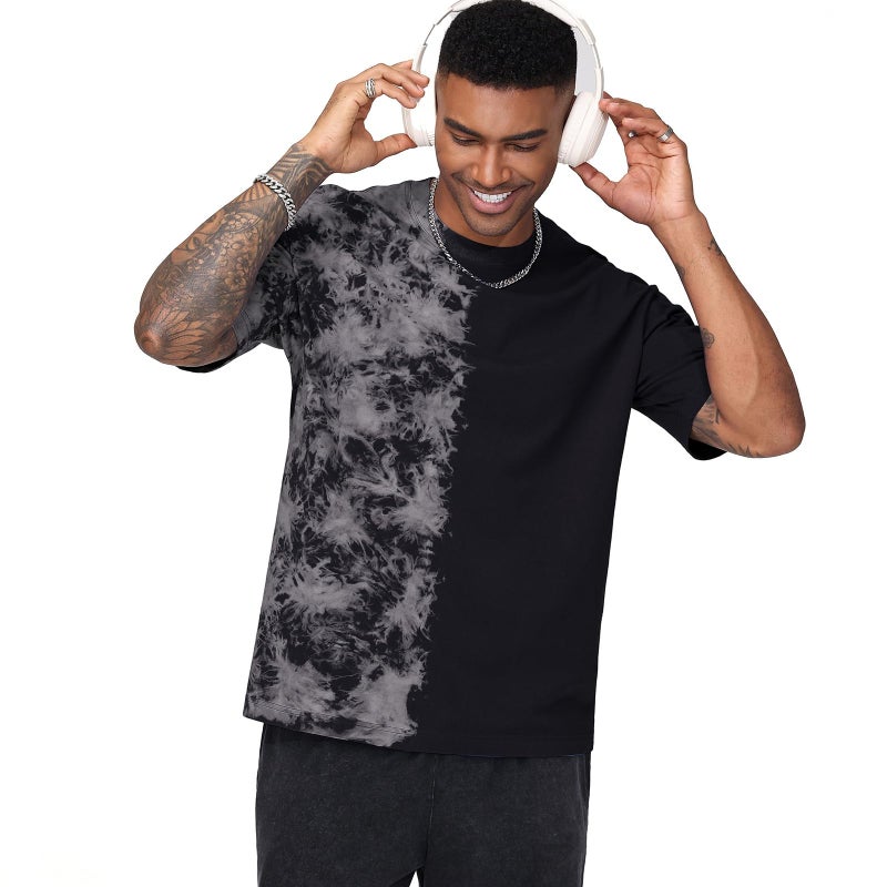 KEEPSHOWING Mens Oversized Casual T-Shirts Summer Cotton Short Sleeve Tee Tie Dye Crew Neck Tops Hipster Print Shirts(BK,XL) Black - Image 3