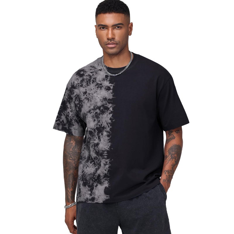 KEEPSHOWING Mens Oversized Casual T-Shirts Summer Cotton Short Sleeve Tee Tie Dye Crew Neck Tops Hipster Print Shirts(BK,XL) Black - Image 2