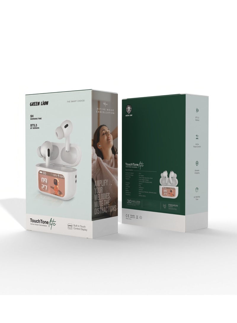 GREEN LION Touch Tone Lite Earbuds with Active Noise Cancellation/ Deep Bass/ Clear Highs/Touch Control Display / Sweat Proof for Workout Gym / High Quality Earphone for Music & Calls - White - Image 5